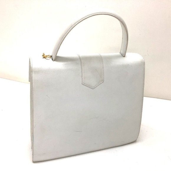 CELINE Chain Lock Leather Tote Bag Hand Bag White - Picture 2 of 12